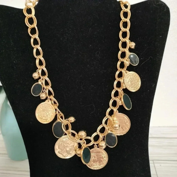 NECKLACE Gold Tone Chain w/Coins Black/Gray Oval/Gold Round Beads, 18" - Picture 1 of 4